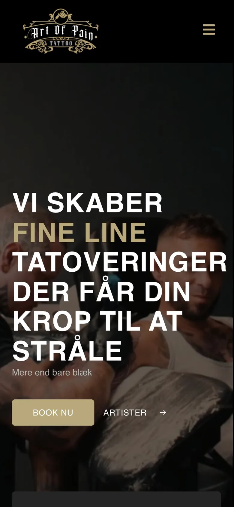 Forsiden på Art of Pain Tattoos site på mobil