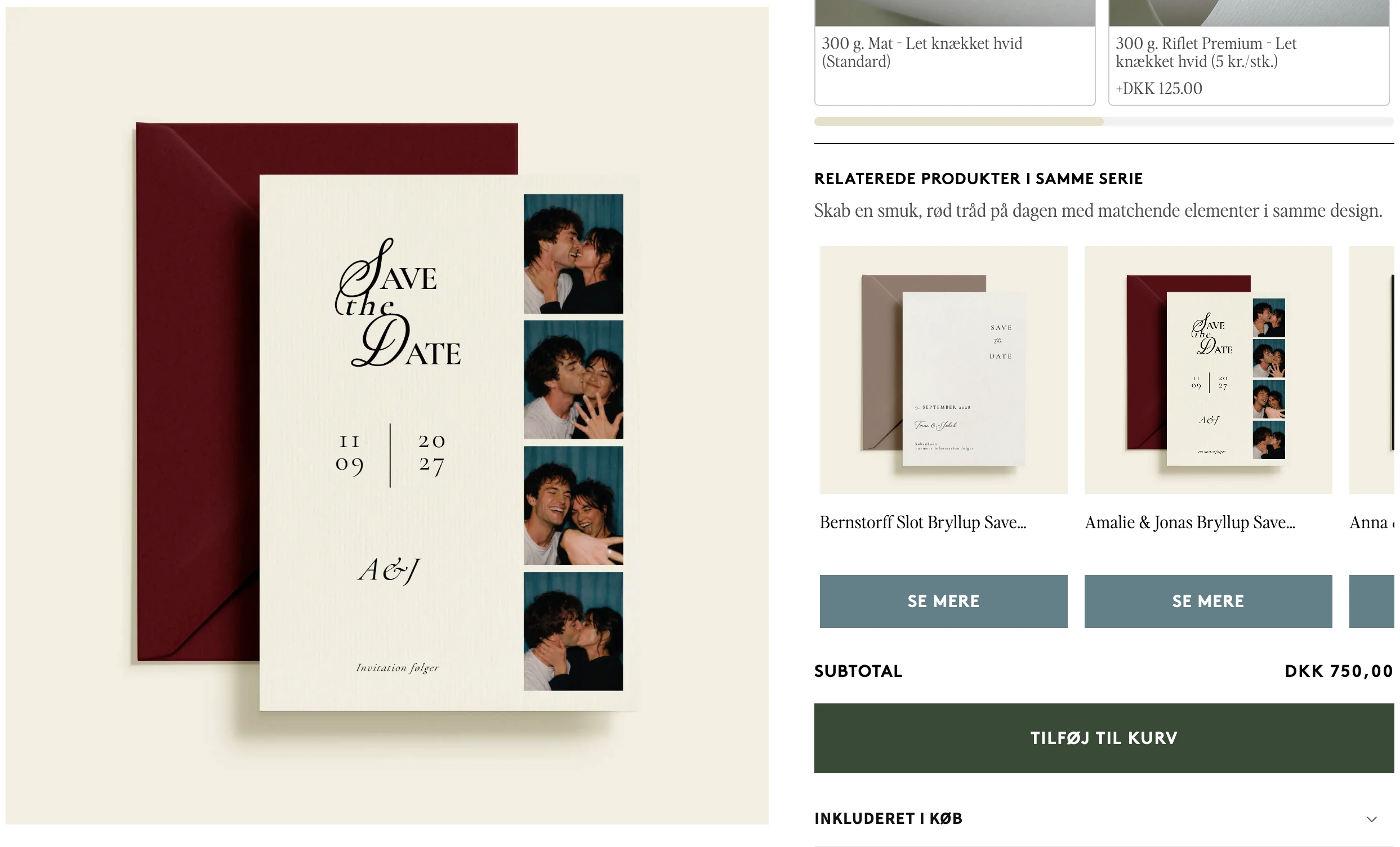 Produktsiden for et Save the Date-kort med afsnittet Relaterede produkter i samme serie: matchende kort i samme design med knappen Se mere