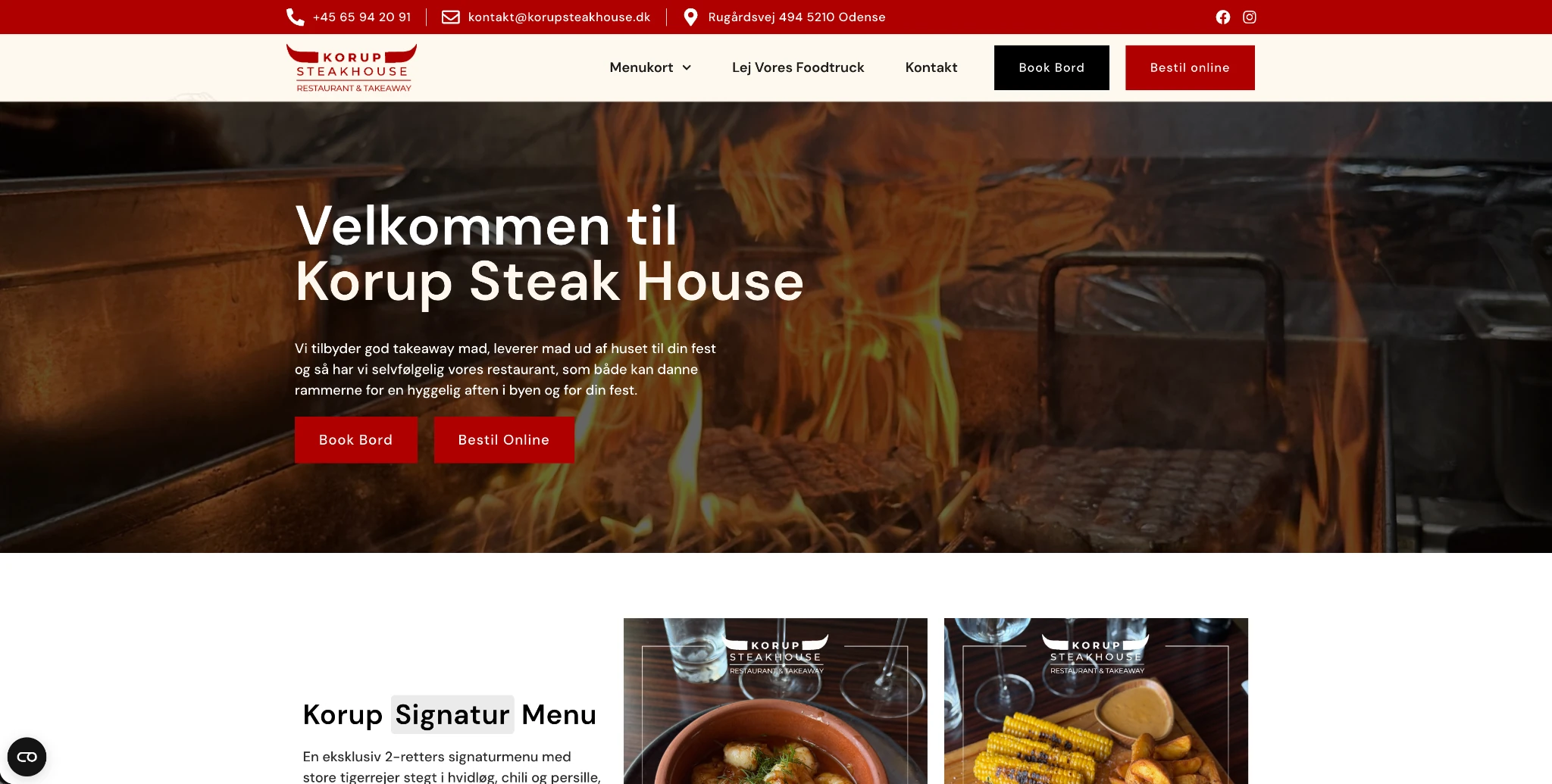 Korup Steakhouses forside på desktop: logo, rød og creme, menu, Velkommen til Korup Steak House over ilden på grillen, knapperne Book Bord og Bestil Online