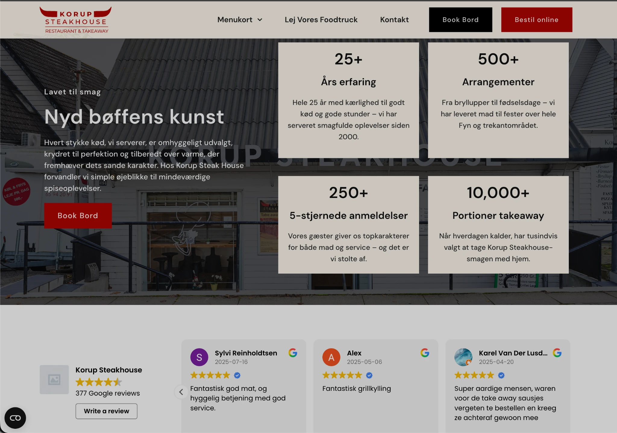 Forsiden med overskriften Nyd bøffens kunst, fire nøgletal (25+ års erfaring, 500+ arrangementer, 250+ femstjernede anmeldelser, 10.000+ portioner takeaway) og Google-anmeldelser under