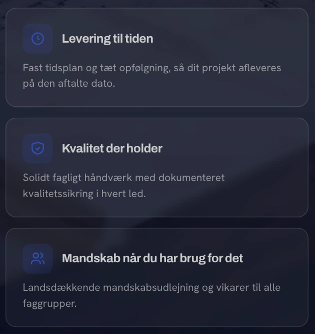De tre løfter på forsiden: Levering til tiden, Kvalitet der holder og Mandskab når du har brug for det, med landsdækkende mandskabsudlejning og vikarer til alle faggrupper