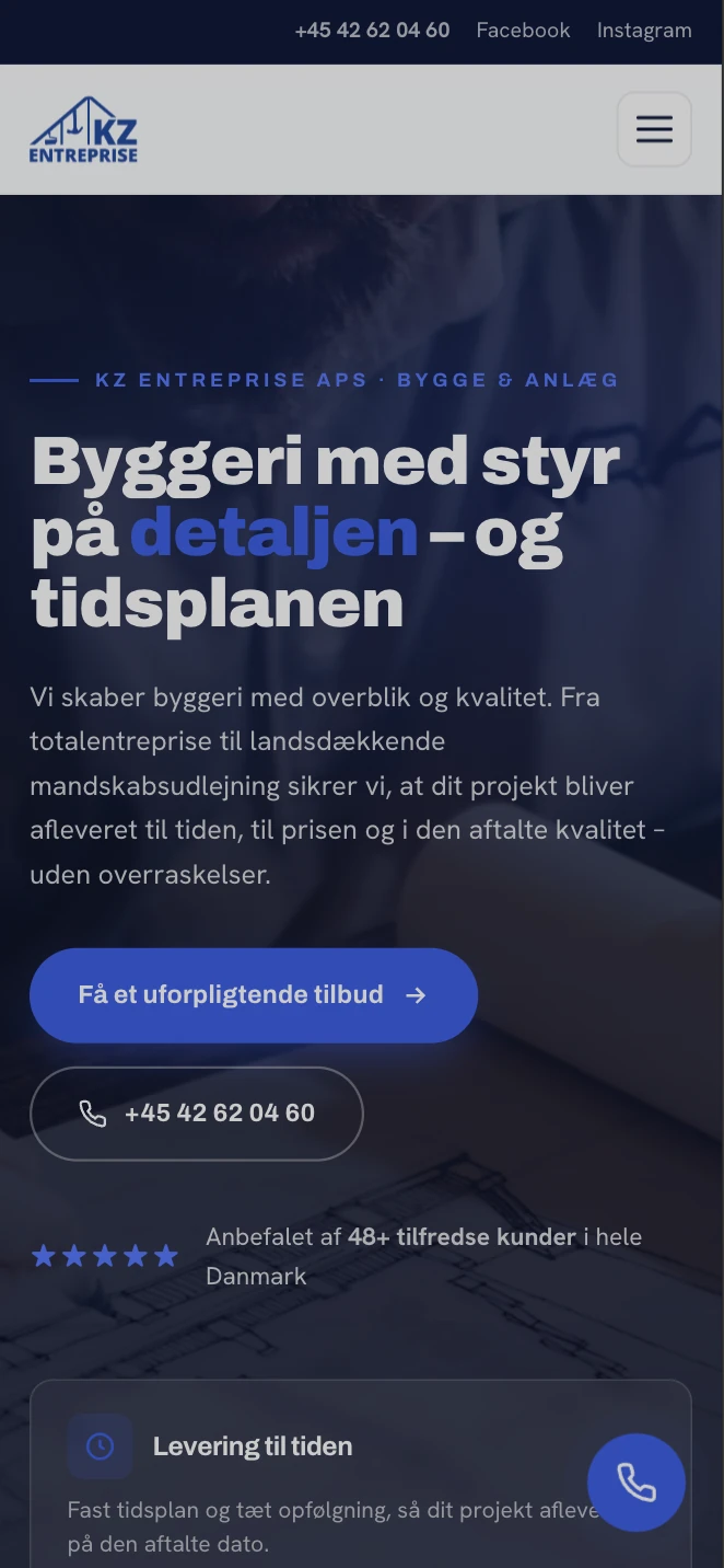 Forsiden på KZ Entreprise ApSs nye site, set på mobil
