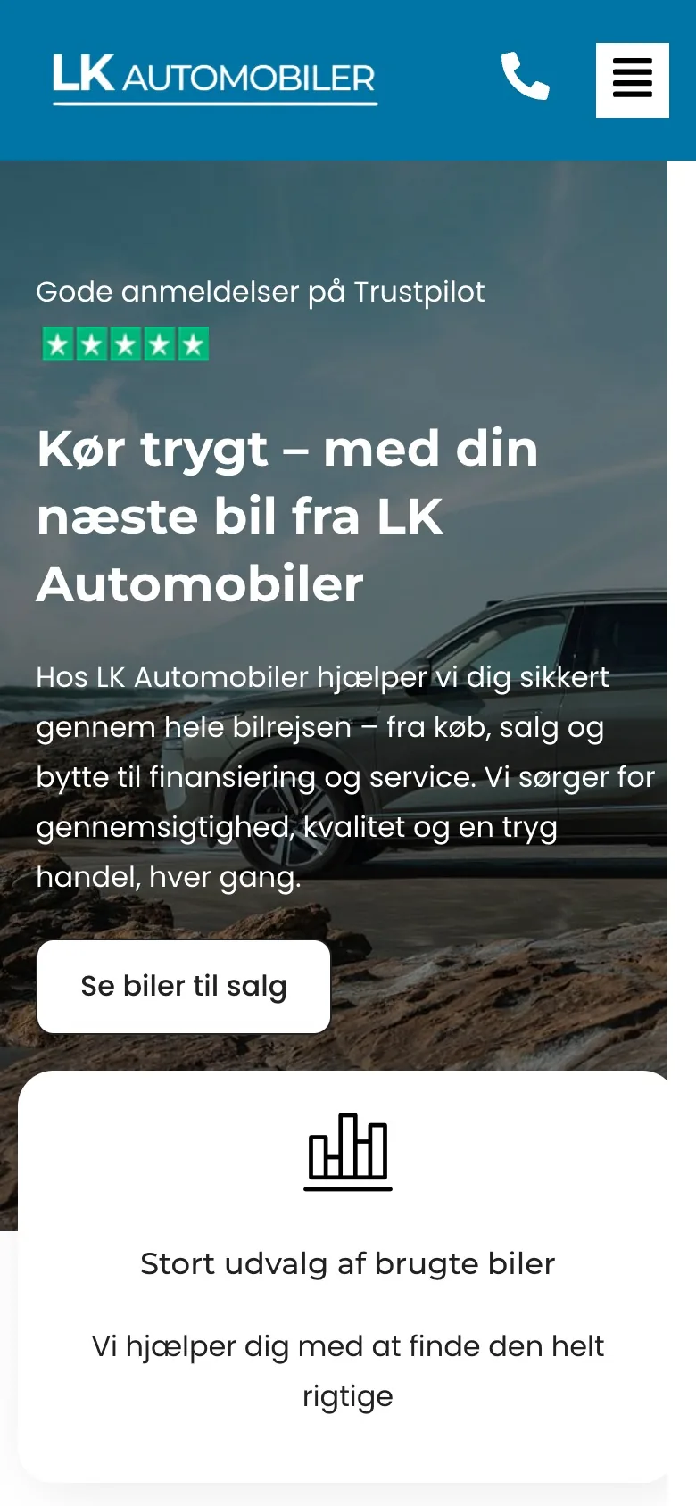 Forsiden på LK Automobilers nye site, set på mobil