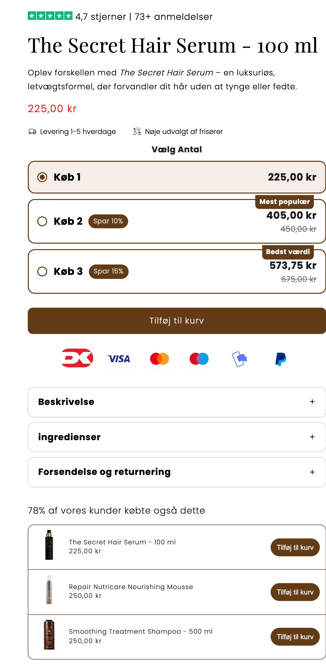 Produktsiden for The Secret Hair Serum: 4,7 stjerner og 73+ anmeldelser, Vælg antal med Køb 1, Køb 2 spar 10 % og Køb 3 spar 15 %, Tilføj til kurv og afsnittet 78 % af vores kunder købte også dette