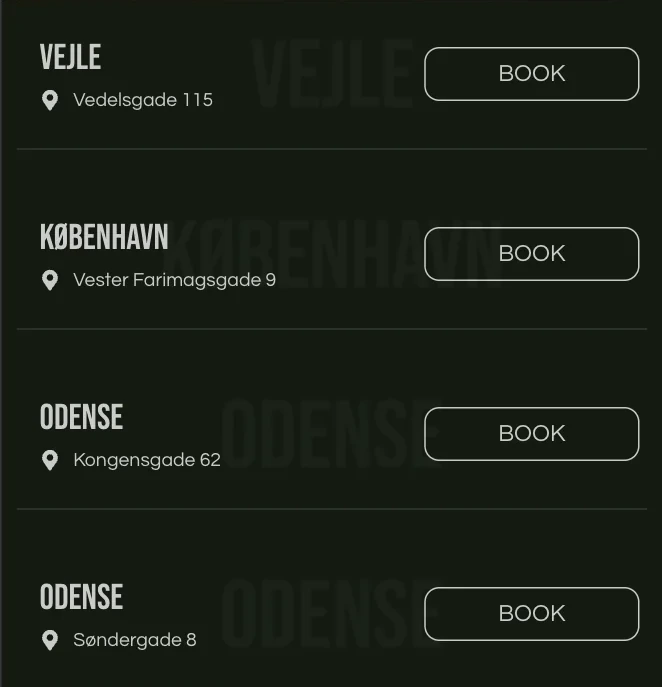 Forsiden på mobil: de fire saloner Vejle, København, Odense og Odense listet med adresse og en Book-knap på hver