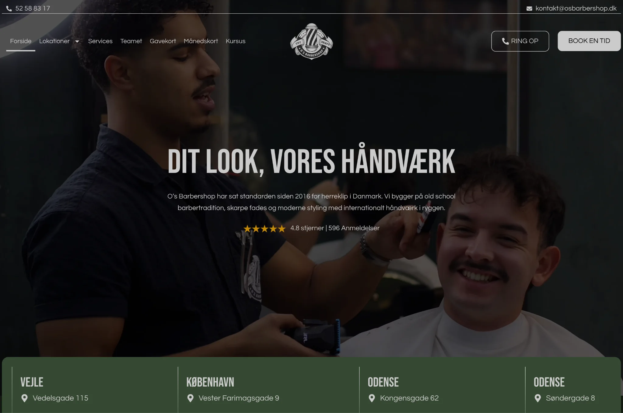 Forsiden på desktop: mærket i headeren, overskriften Dit look, vores håndværk, 4,8 stjerner fra 596 anmeldelser og de fire saloner nederst