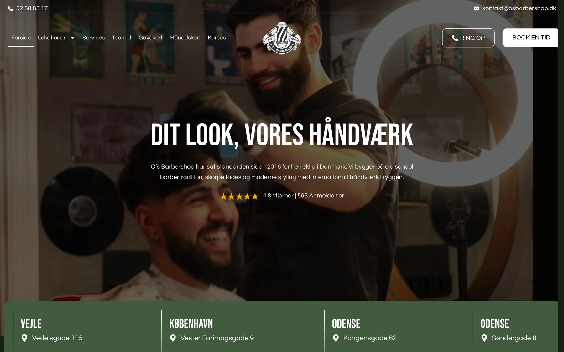 Forsiden på O's Barbershops site på desktop