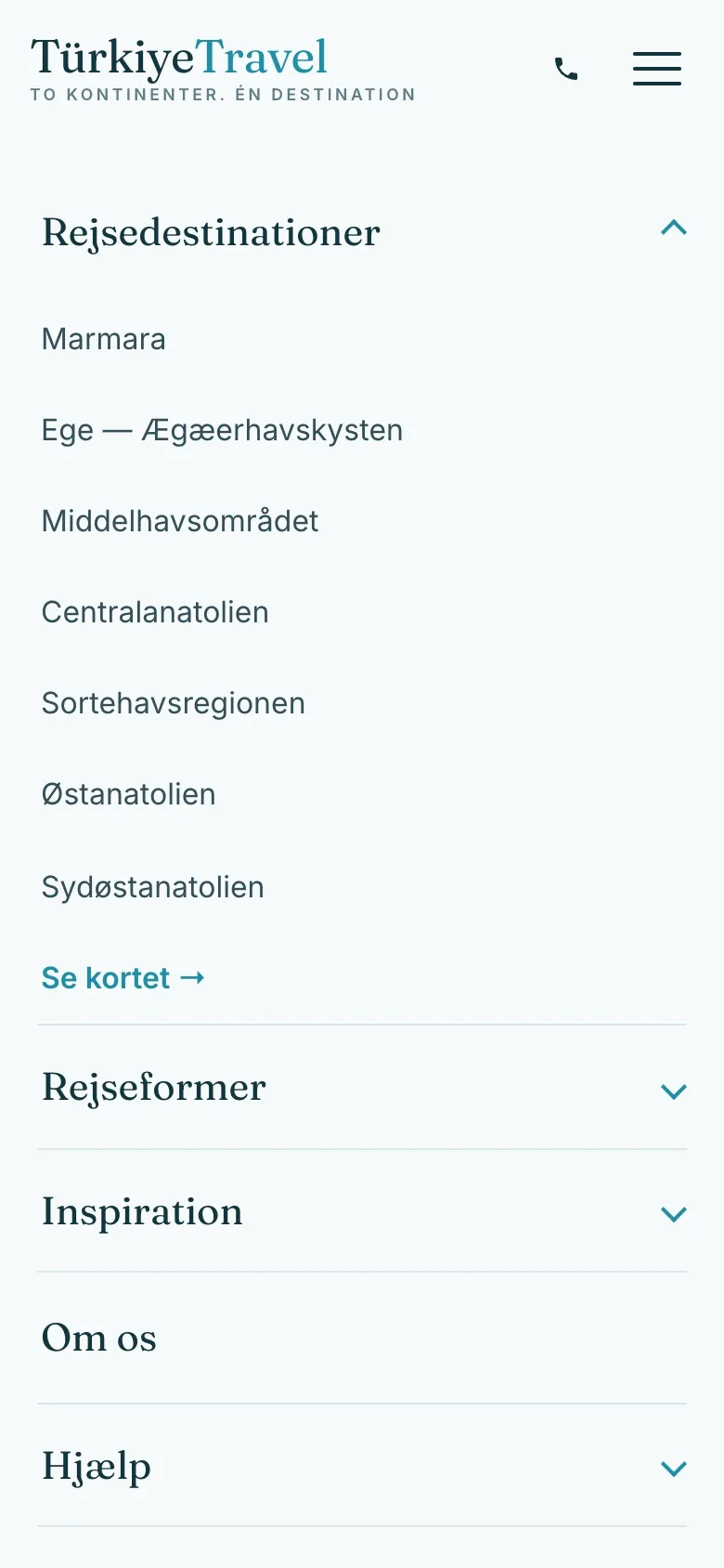 Den samme navigation på mobil som en menu med foldbare grupper