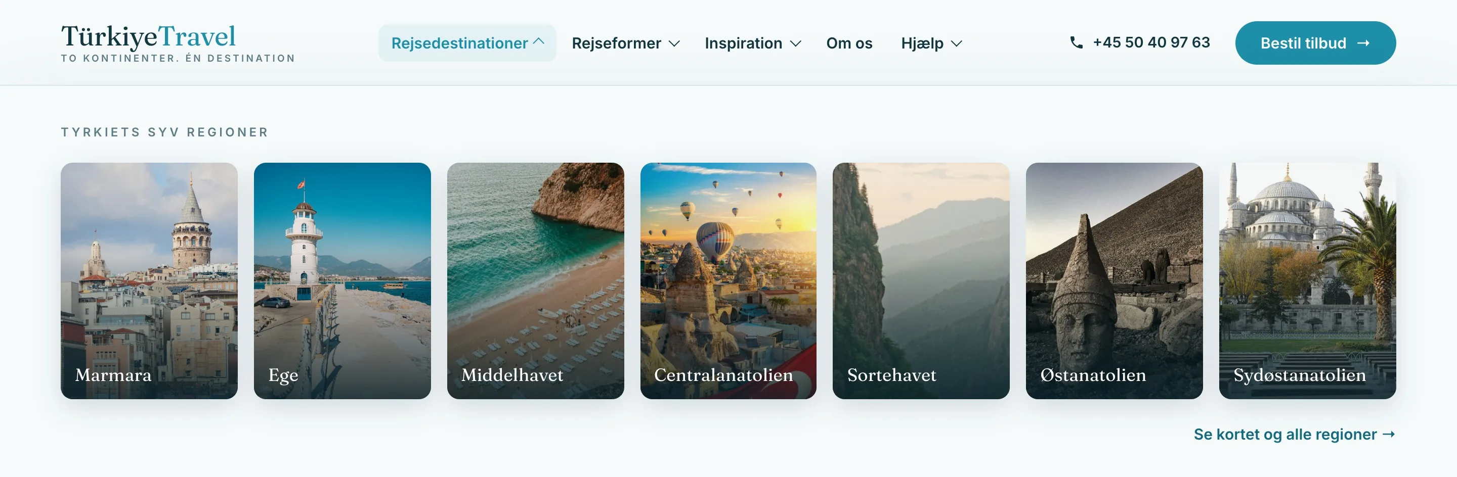 Mega-menuen under Rejsedestinationer på turkiyetravel.dk: Tyrkiets syv regioner som billedkort, Marmara, Ege, Middelhavet, Centralanatolien, Sortehavet, Østanatolien og Sydøstanatolien, med linket Se kortet og alle regioner