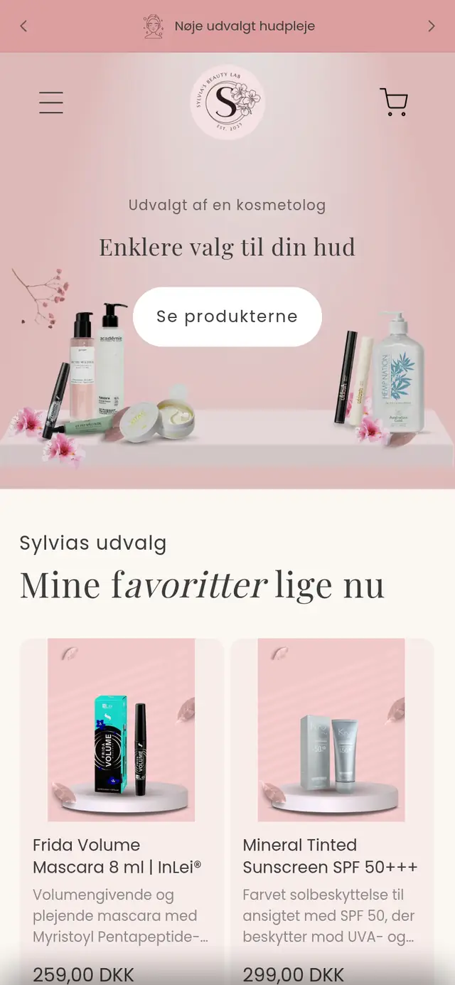 Forsiden på Sylvia's Beauty Labs nye site, set på mobil